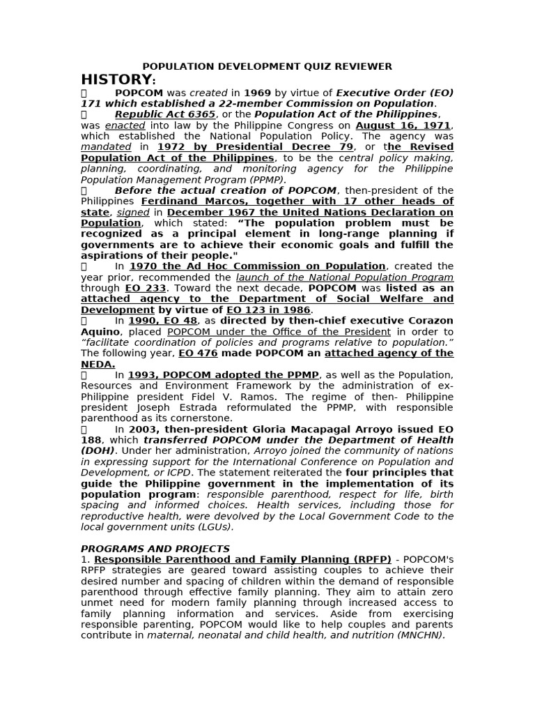 Population Development Quiz Reviewer PDF