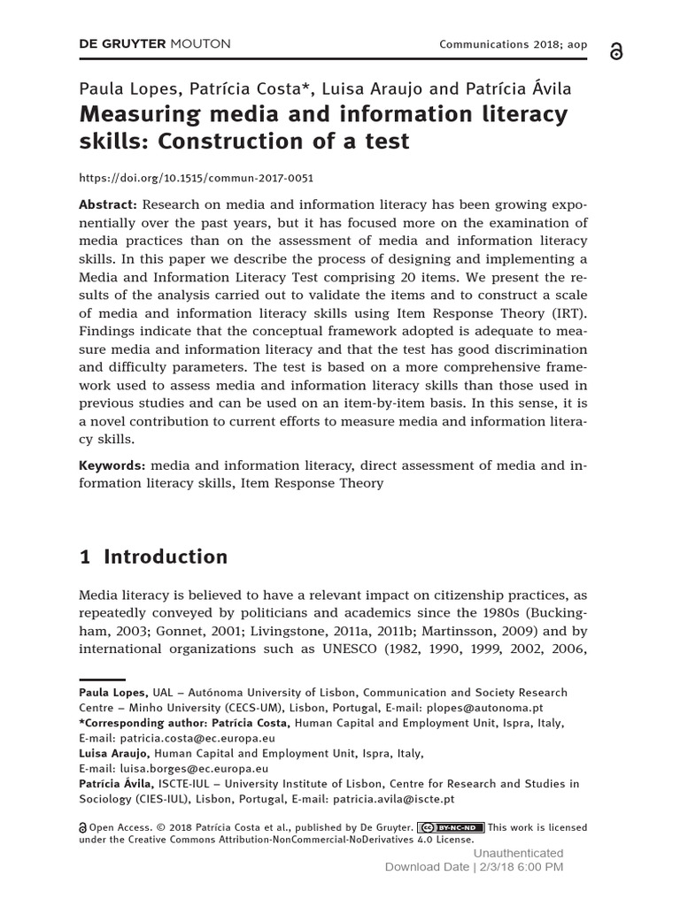 Measuring Media and Information Literacy Skills Co | PDF