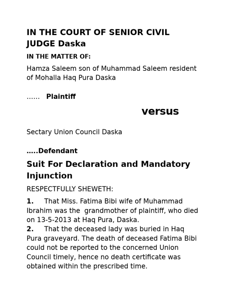 Civil Death Declaration Suit for Fatima Bibi | PDF | Law