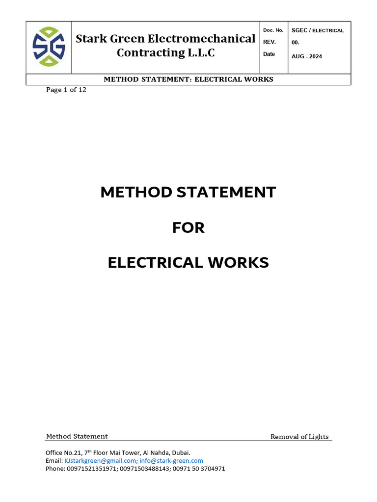 Method Statement - Electrical Works - Rev.00 | PDF