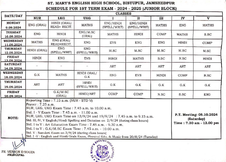 1ST Term Exam Schedule 2024-2025 (Junior Block) | PDF