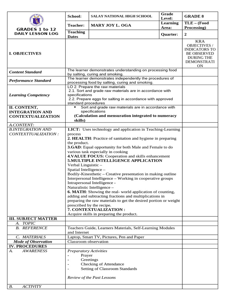 Lesson Plan - Food Processing | PDF
