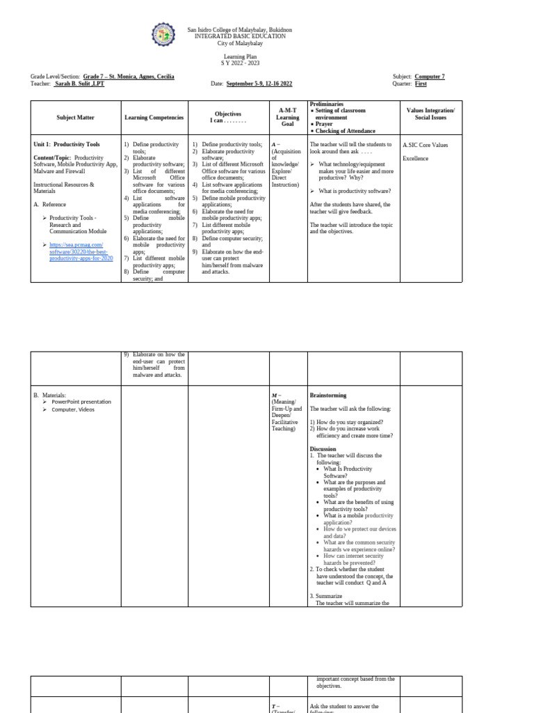 Grade 7 Computer Learning Plan 2022 | PDF | Microsoft Word | Computers