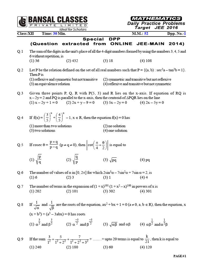 JEE 2016 Class XII Daily Math Problems | PDF | Circle | Perpendicular