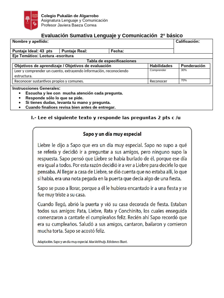 Prueba de Lenguaje 2° Básico Sustantivos Cuento | PDF
