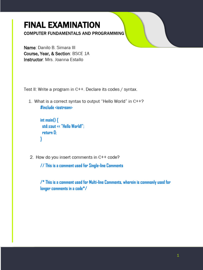 Final Examination - Computer Fundamentals & Programming (Simara, Danilo ...