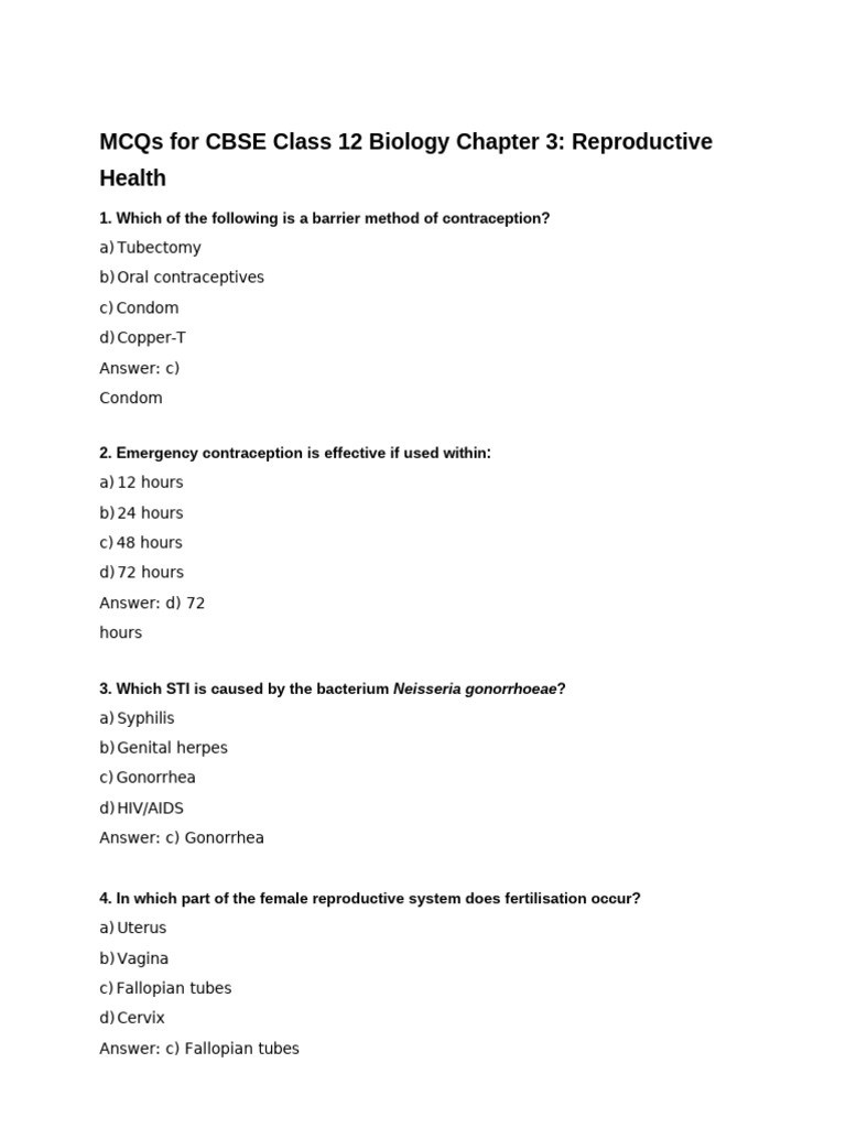 Cbse Class 12 Biology Reproductive Health Mcqs | PDF