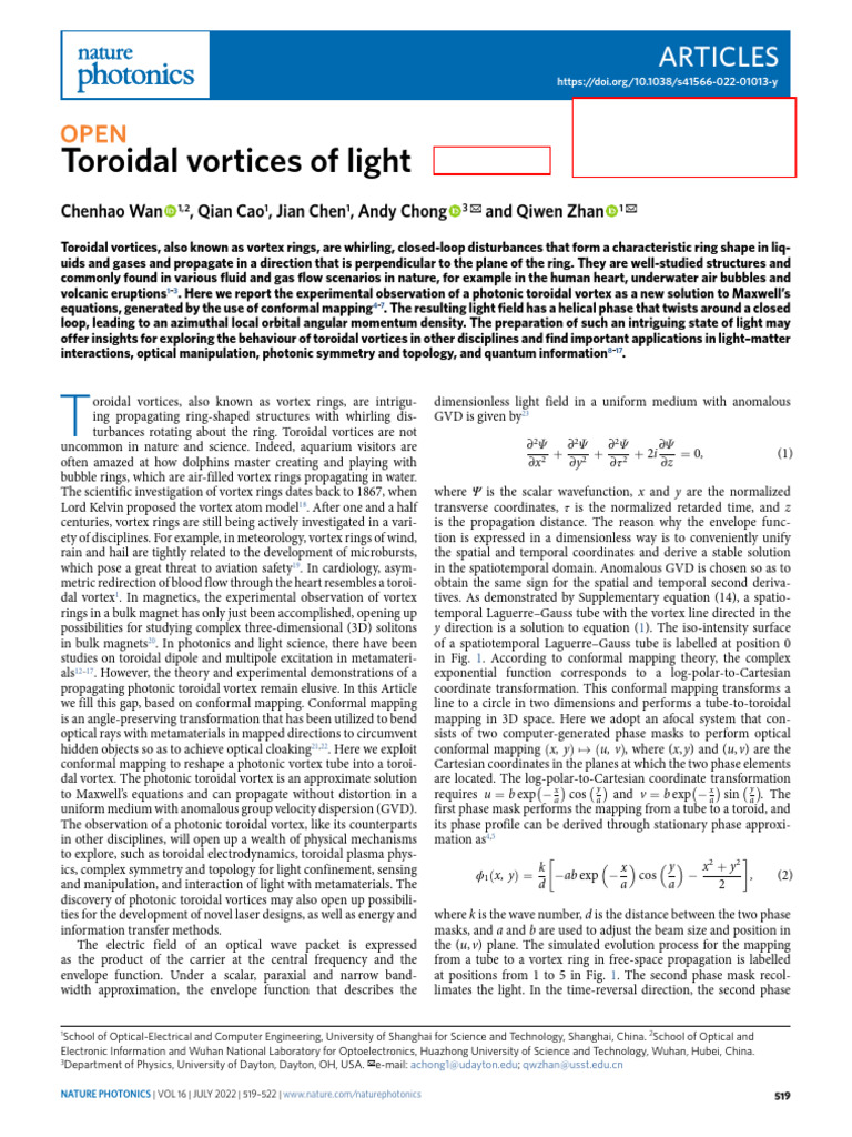 Wan 等 2022 Toroidal Vortices Of Light Pdf