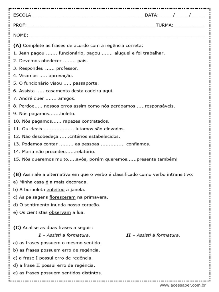 Exercícios de Regência Verbal com Gabarito | PDF