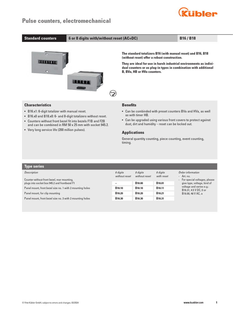 Pulse Counters, Electromechanical: B16 / B18 6 or 8 Digits With/without ...