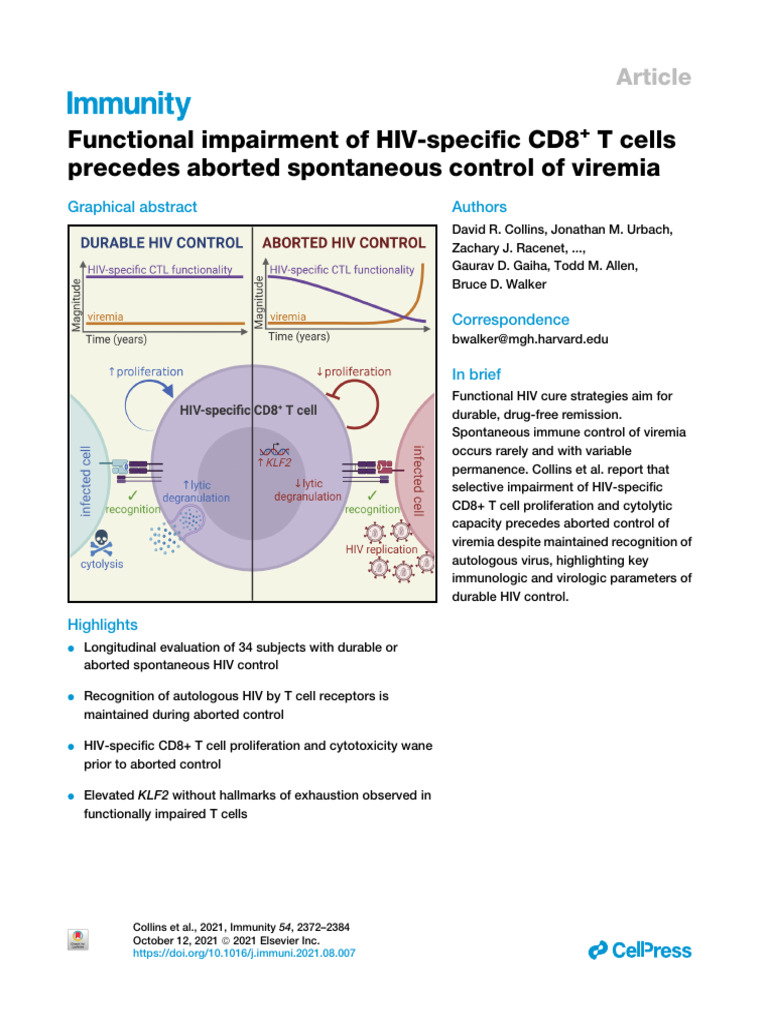 Functional Impairment of HIV-specific CD8+ T Cells Precedes Aborted ...