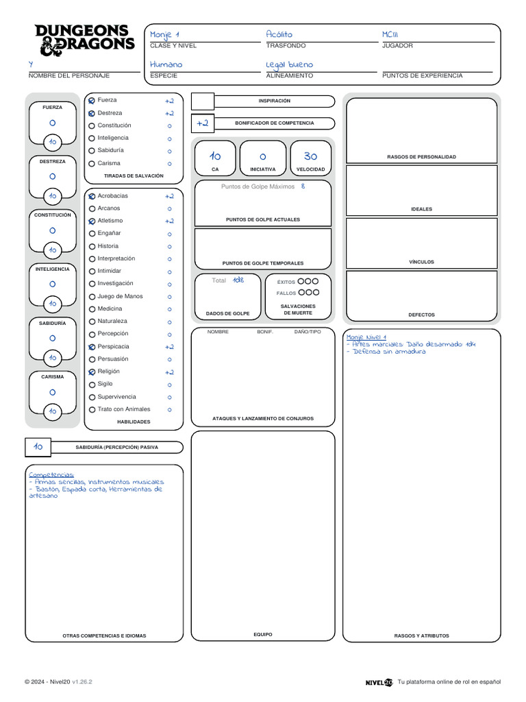 Ficha de personaje: Monje Acólito D&D | PDF