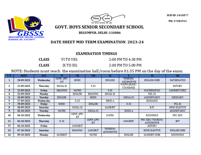 Revised Date Sheet Mid Term 2023-24 | PDF