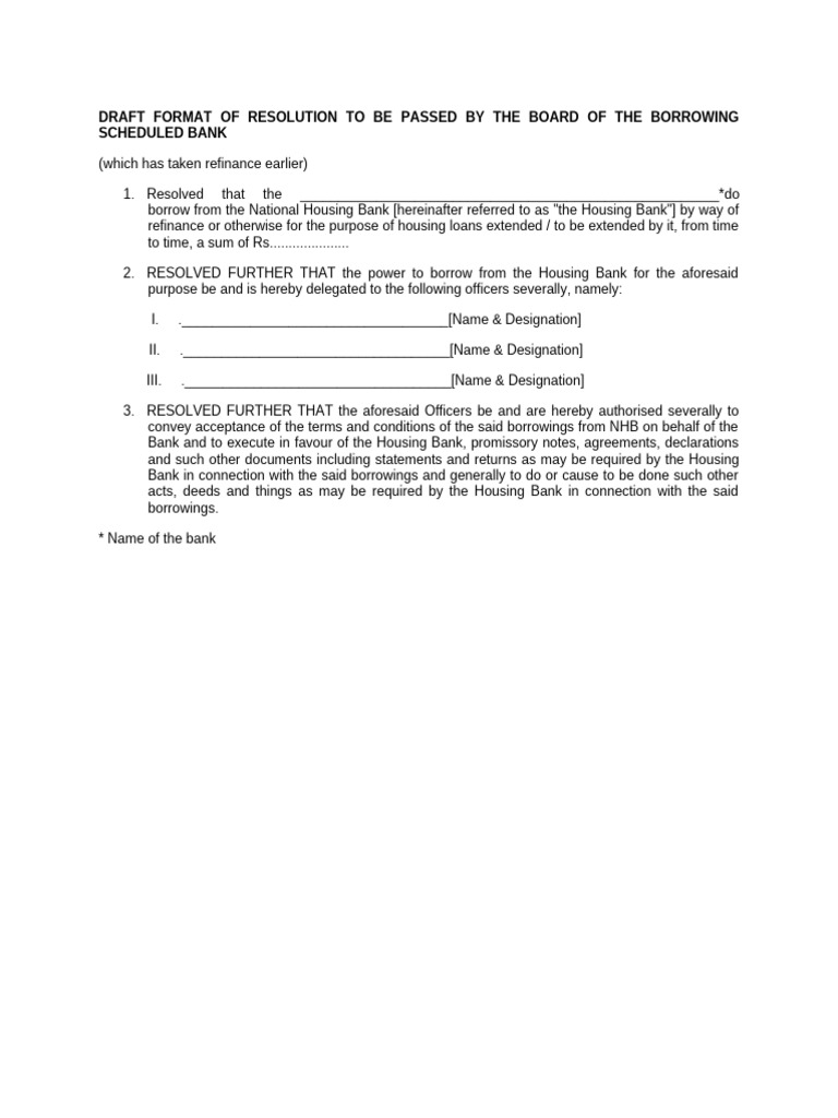Draft Format of Resolution To Be Passed by The Board of The Borrowing ...
