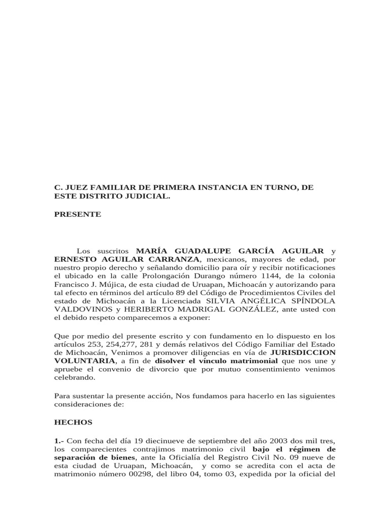 Demanda de Divorcio Voluntario Lupe y Ernesto Con Convenio | PDF