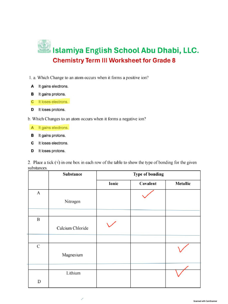 Chemistry 3rd Term Grade 8 Worksheet Key | PDF