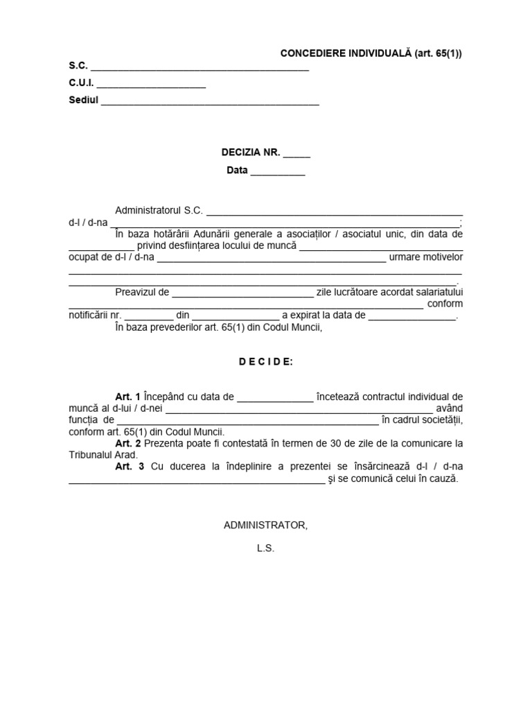 Concediere individuala art 651 pdf