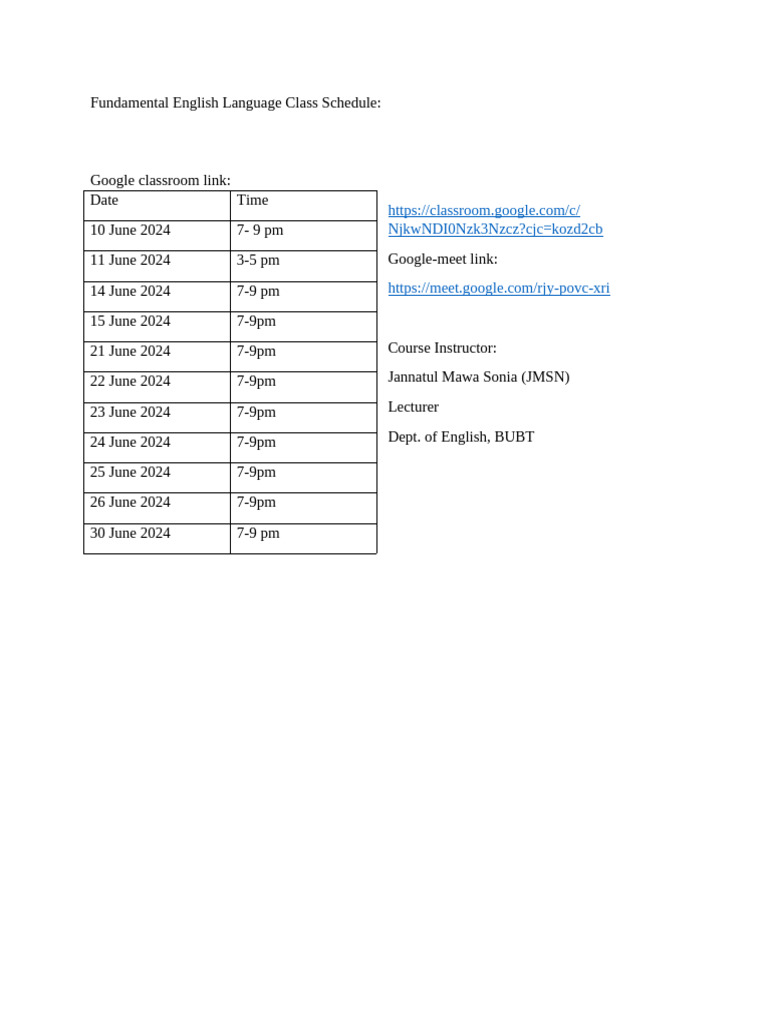 Class schedule pdf