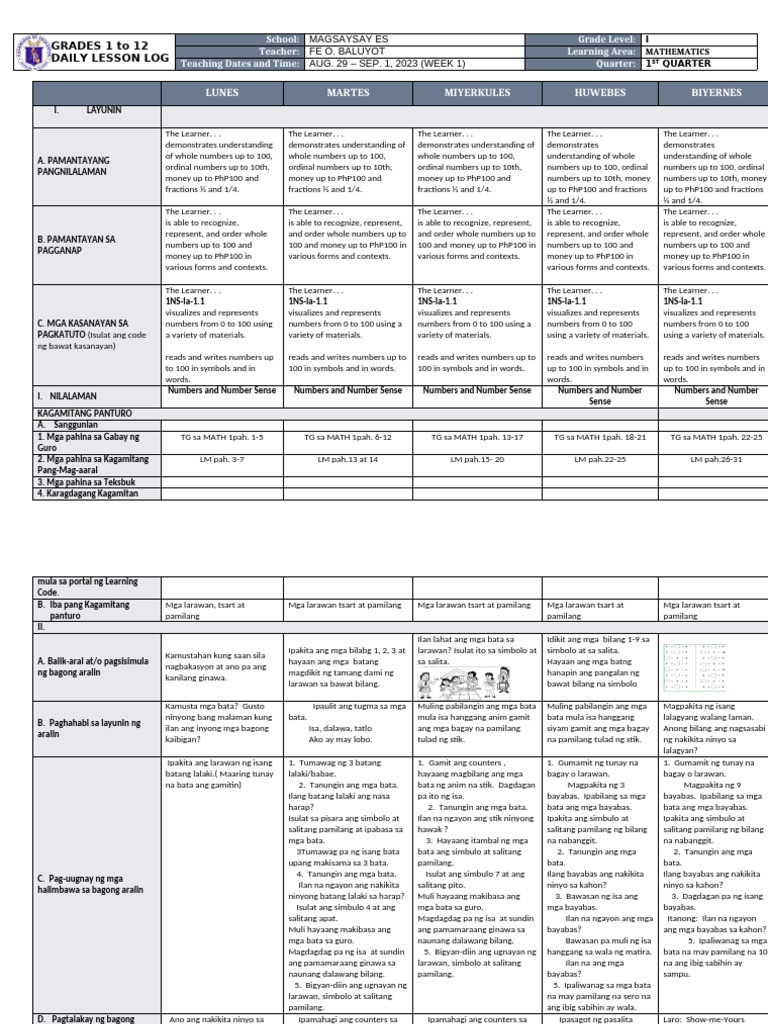 DLL - Mathematics 1 - Q1 - W1 | PDF