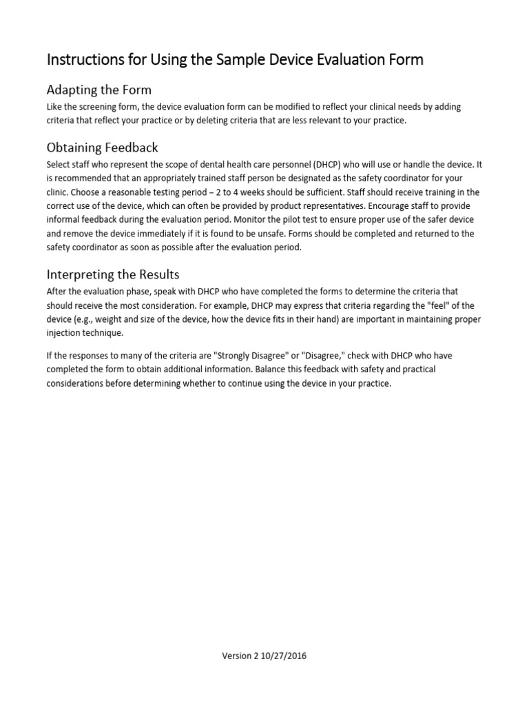 Instructions For Using The Sample Device Evaluation Form | PDF