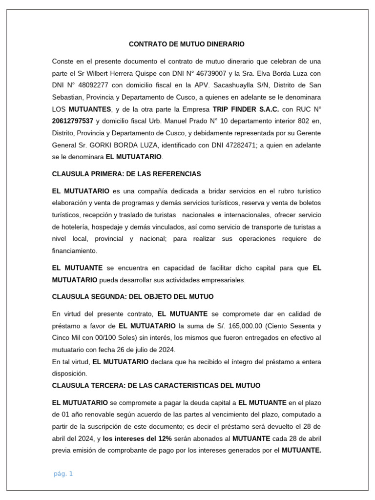 Contrato Mutuo Dinerario Cusco 2023 | PDF | Negocios | Finanzas y dinero