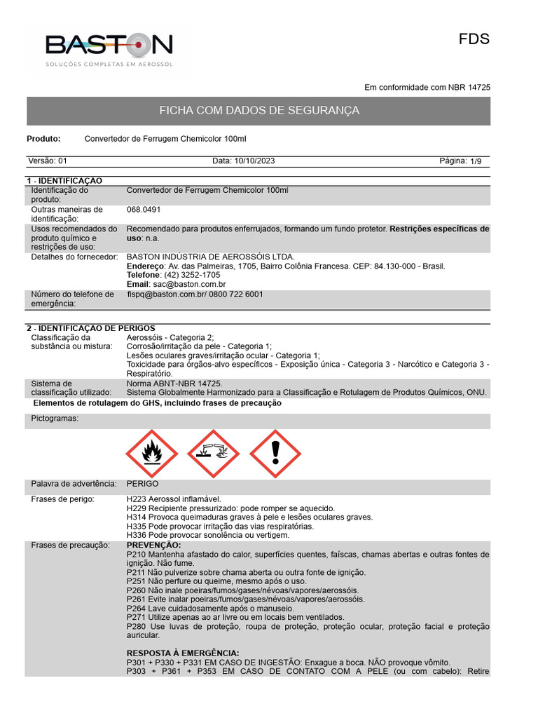 Fds NBR 14725 PT Convertedor de Ferrugem Chemicolor 100ml | PDF