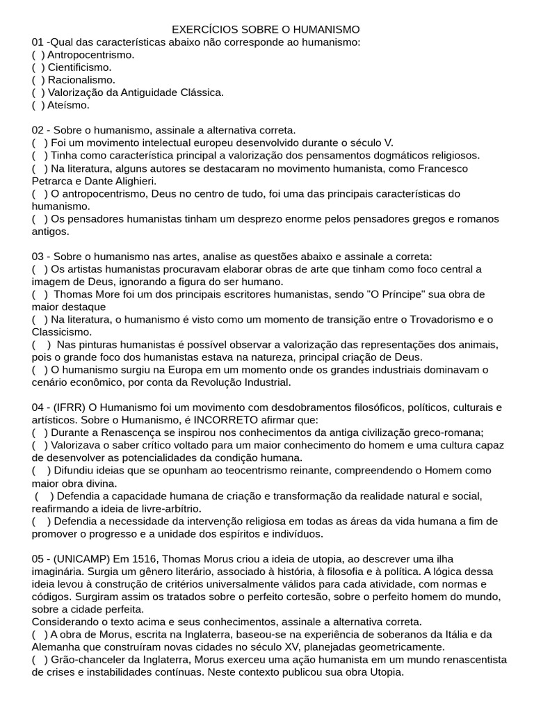 EXERCÍCIOS SOBRE O HUMANISMO | PDF