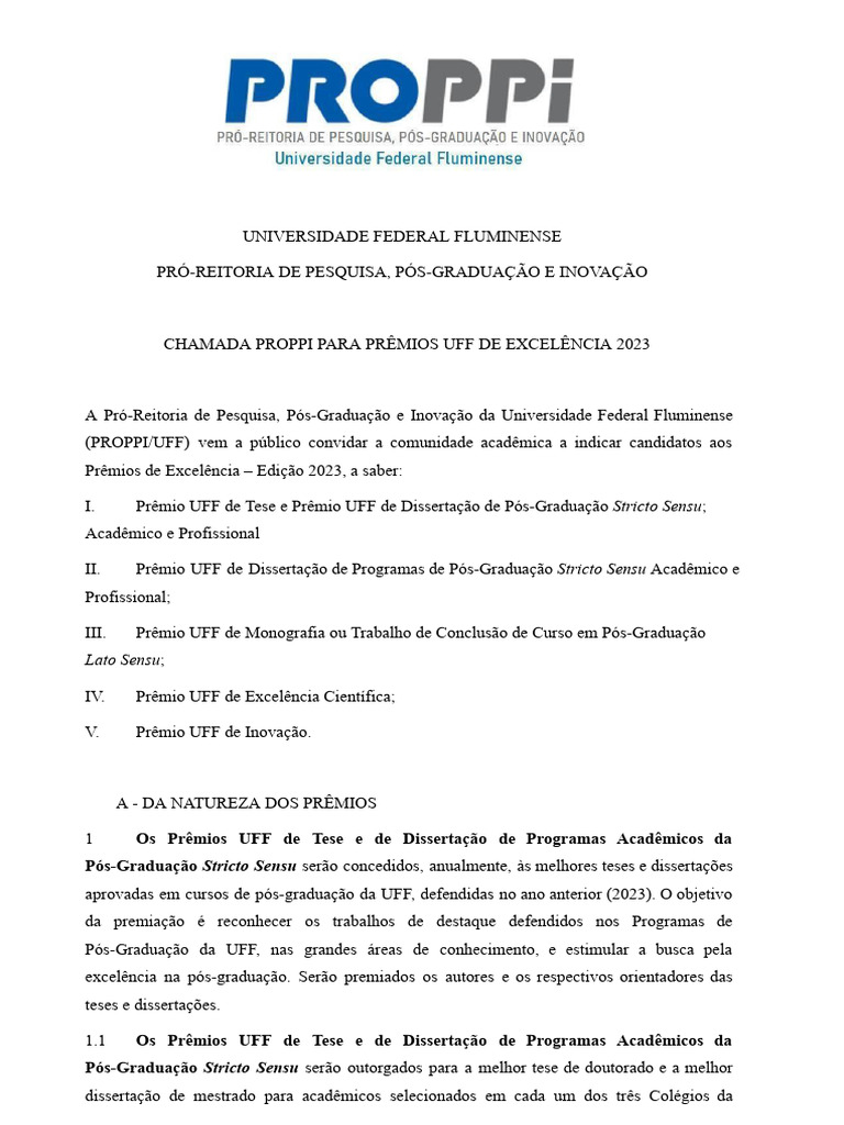 Chamada Proppi para Premios Uff de Excelencia | PDF