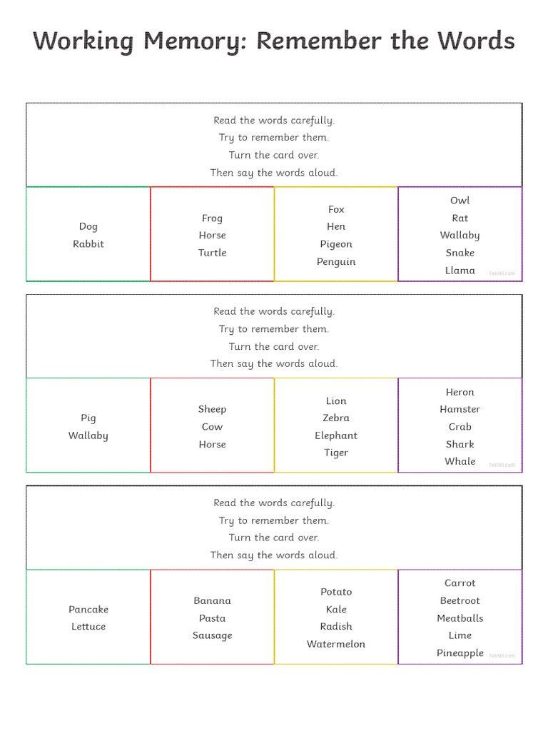 Cfe A 40a Working Memory Remember The Words First Level Cards Super Eco ...