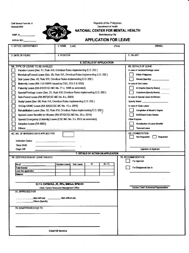 Leave Form CS Form No. 6 Revised 2020 | PDF