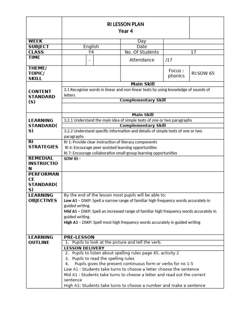 Year 4 Remedial English Lesson Plan | PDF | Phonics | Behavior Modification