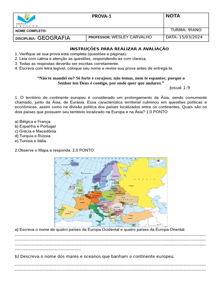 P-1 Geografia 9ºano - Continente Europeu Aspéctos Físicos ...