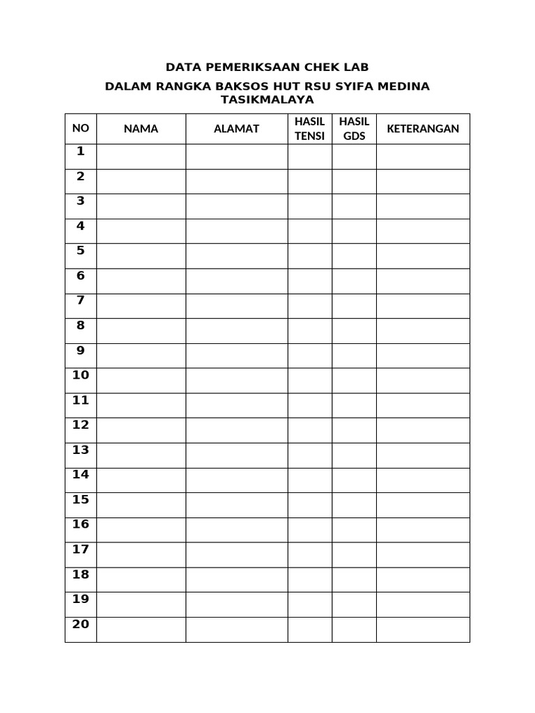 Data Pemeriksaan Chek Lab | PDF | Sains & Matematika