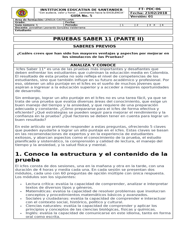 GUIA No. 5 UNDÉCIMO - PRUEBAS SABER 11 PARTE 2 | PDF
