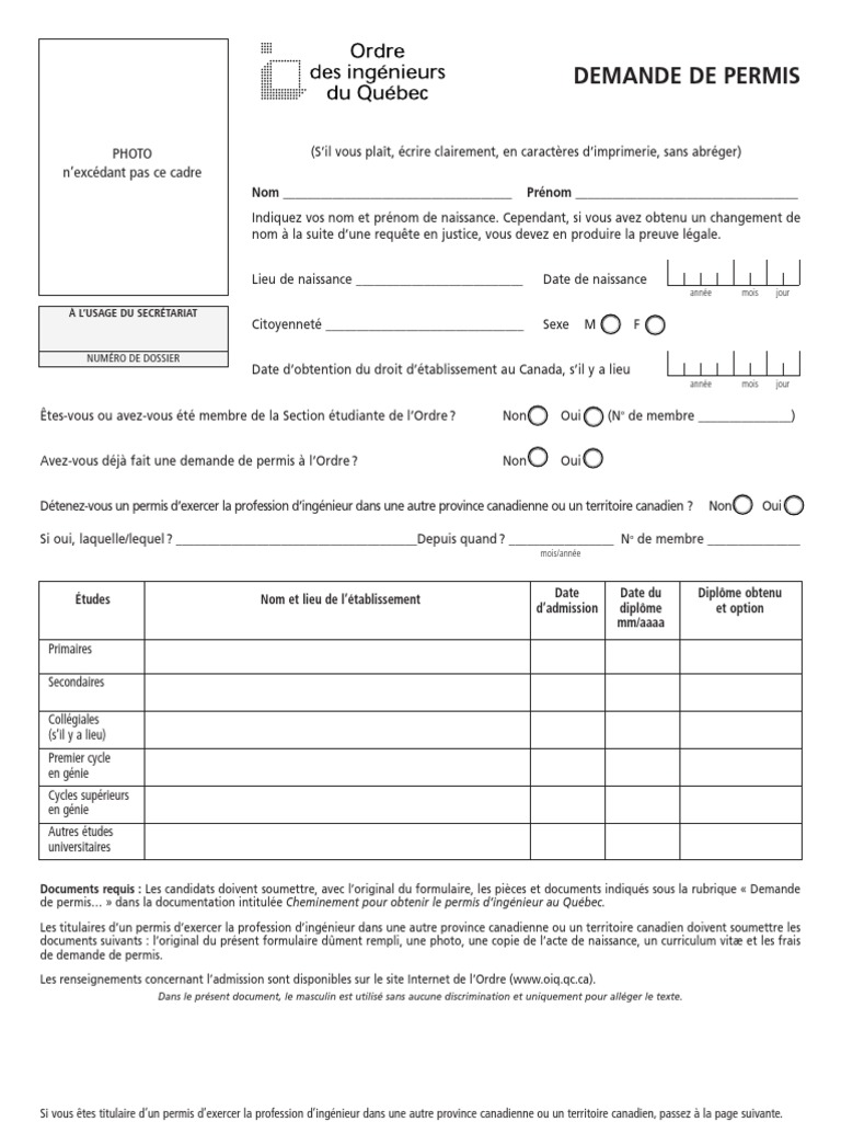 Formulaire de demande de permis  Ordre des ingénieurs du Québec