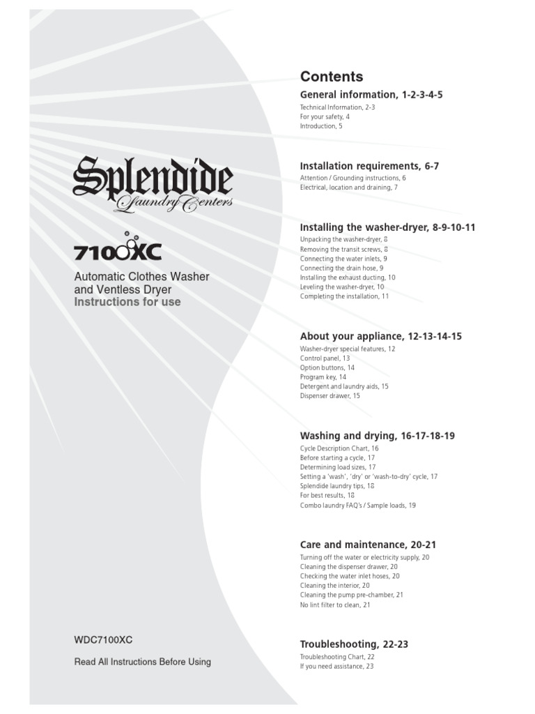 Splendide Ariston - Washer Dryer Model WDC7100XC Instruction Guide ...