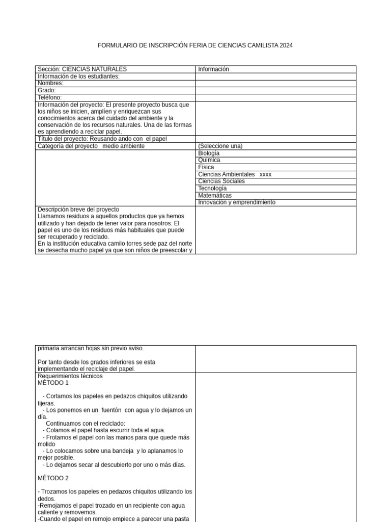 Formulario de Inscripción Feria de Ciencias Camilista 2024 | PDF