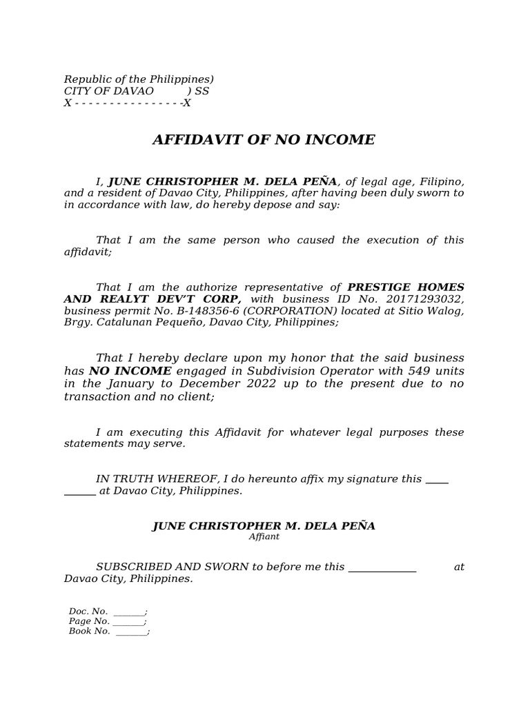 Affidavit no income pdf