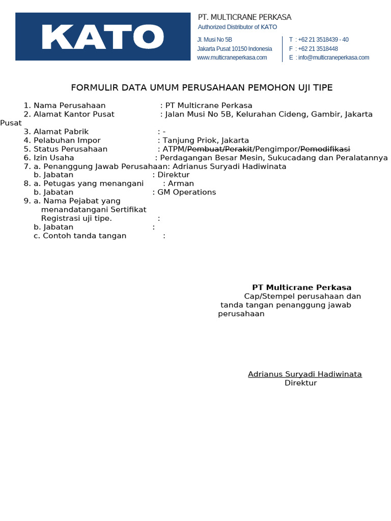 Formulir Data Umum Perush Pemohon Uji Tipe - HUBDAR | PDF