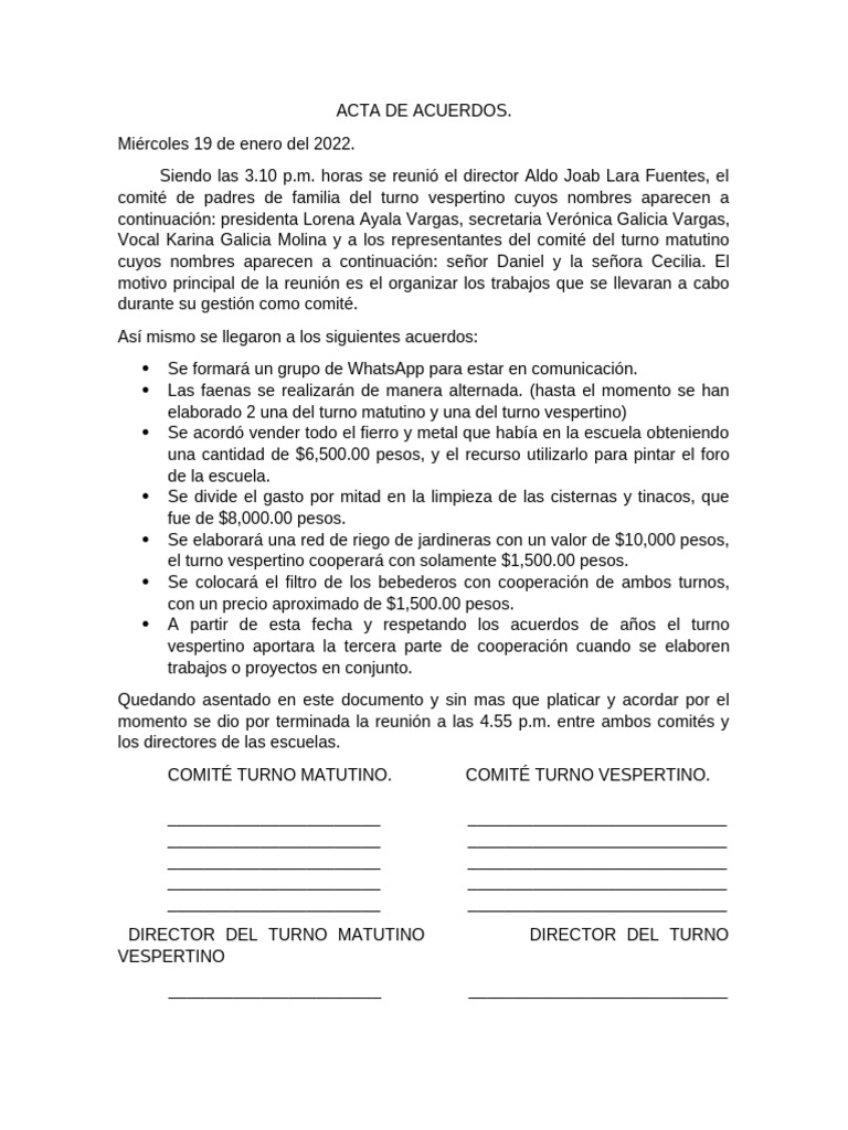 Ejemplo De Acta De Acuerdos De Padres De Familia Como