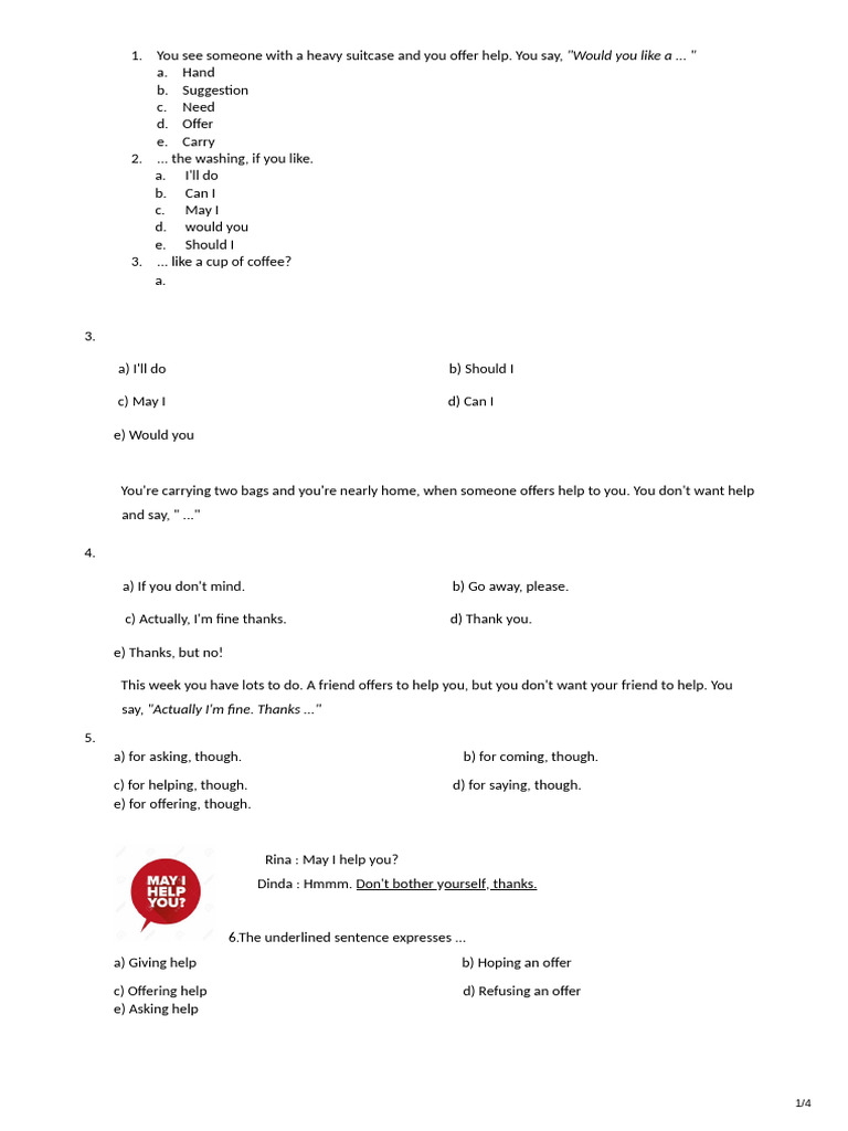 Asking For and Offering Help - Quizizz | PDF