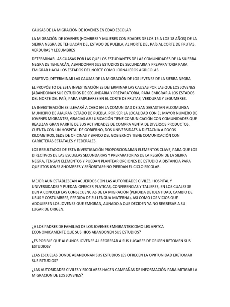 Causas de La Migración de Jovenes en Edad Escolar | PDF | Migración ...