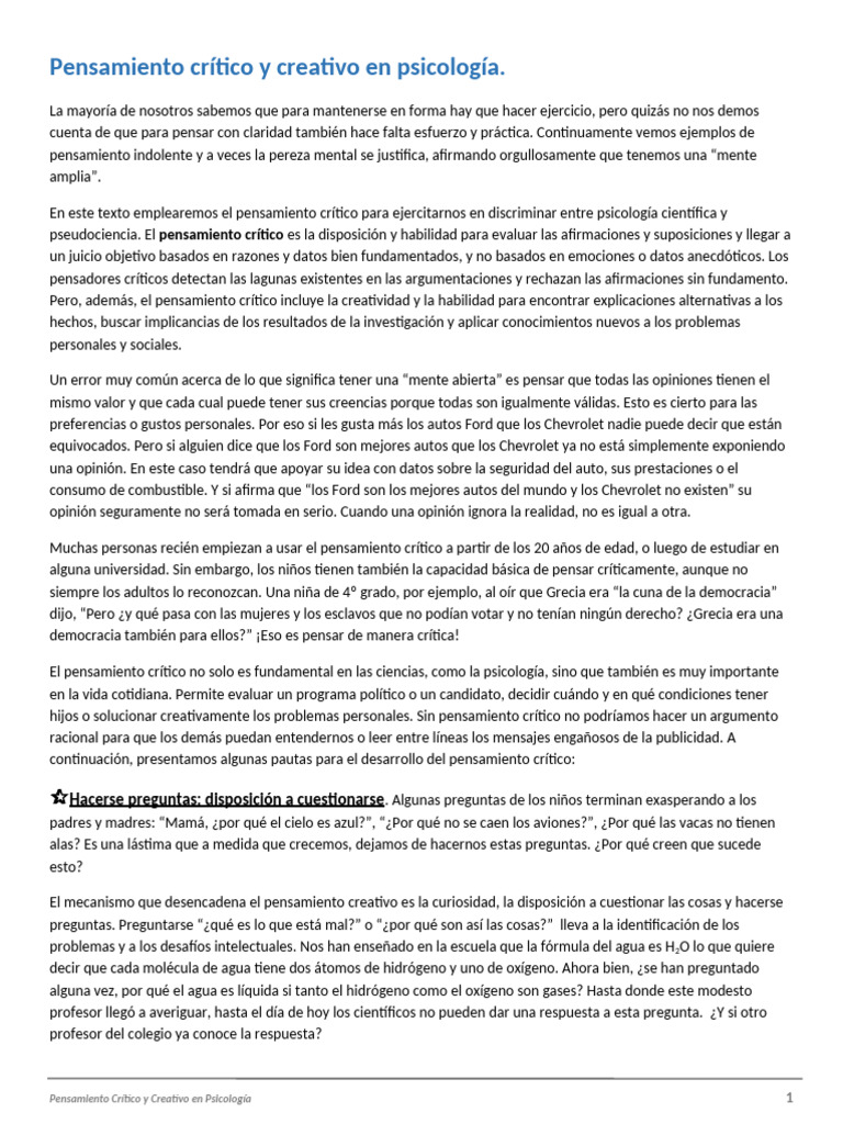 02 Pensamiento Crítico y Crativo en Psicología | PDF | Pensamiento ...