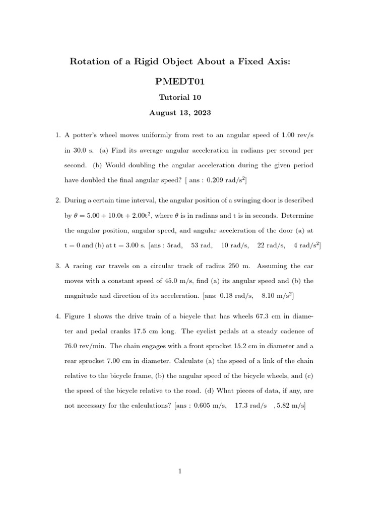2023 Tutorial 10 - Rotation of A Rigid Object About A Fixed Axis | PDF