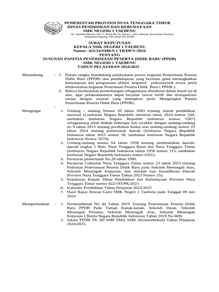 Susunan Panitia Ppdb Smkn 1 Taebenu 2024 2025 Pdf