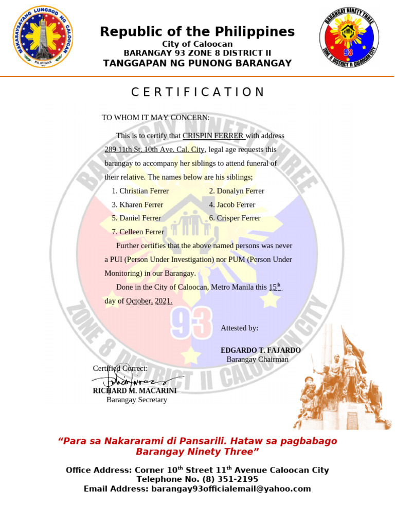 BARANGAY Cert Attend Funeral | PDF