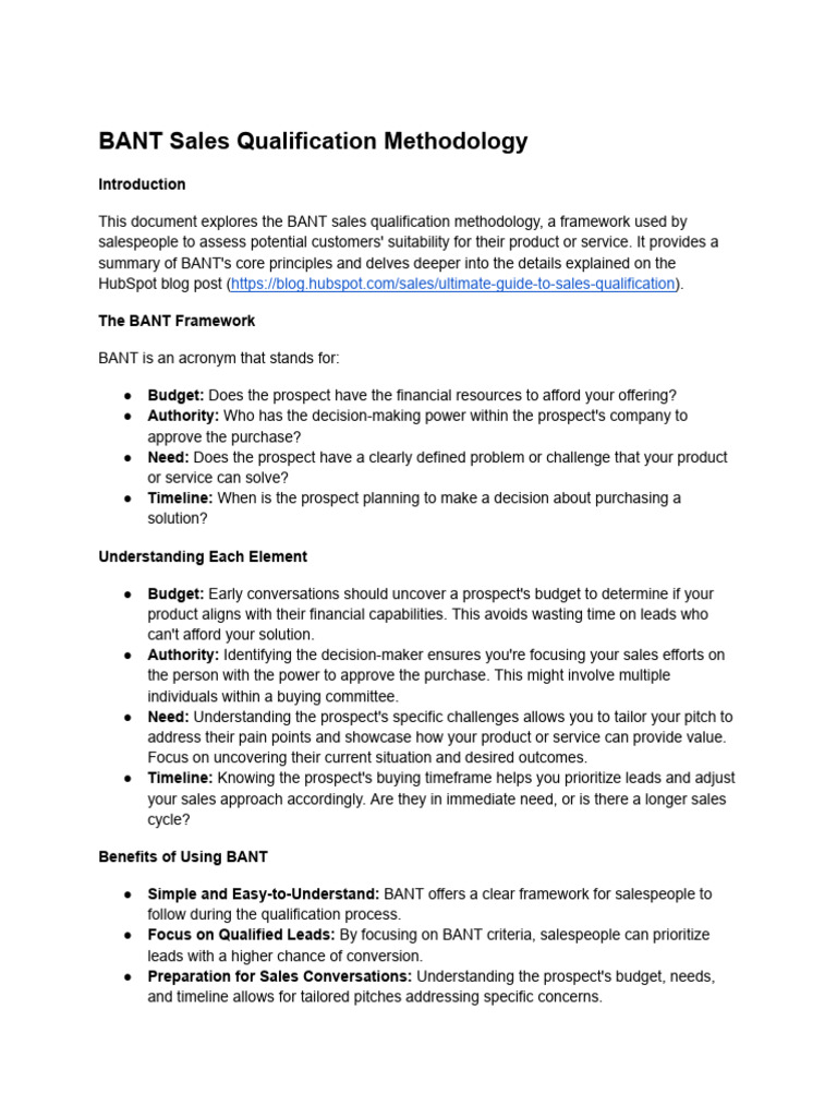 BANT Sales Qualification Overview | PDF | Sales | Career & Growth