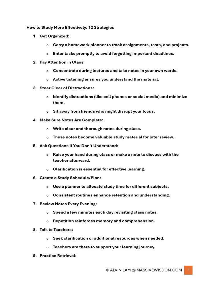 How To Study More Effectively - 12 Strategies by Massive Wisdom | PDF