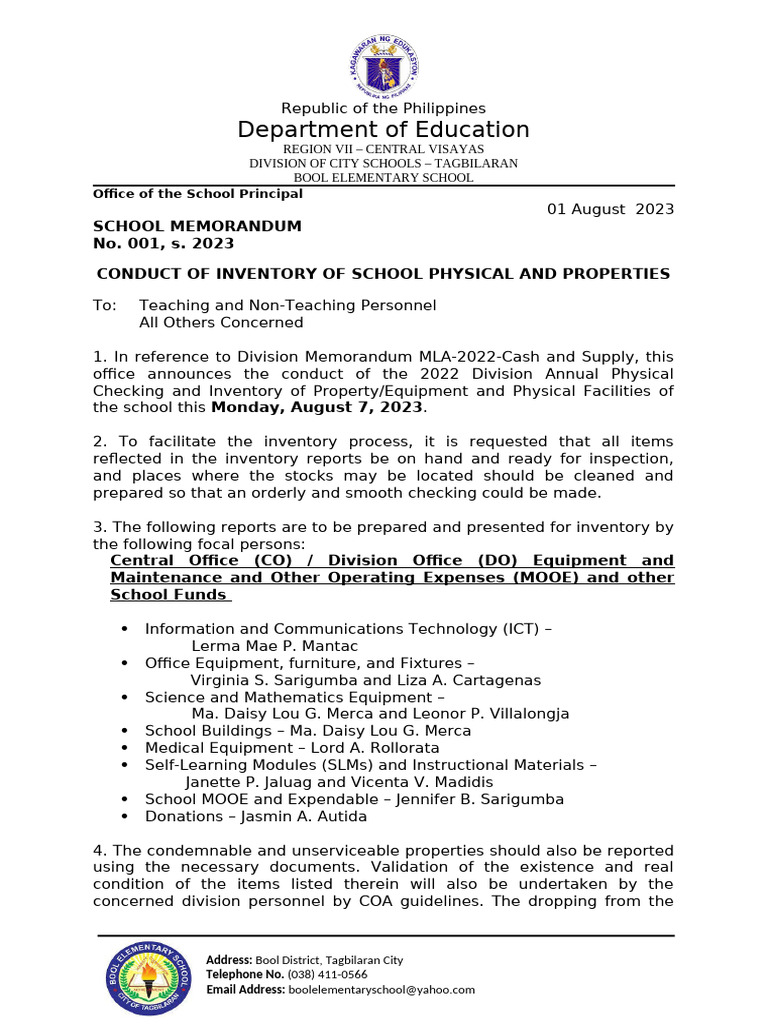 School Memo No. 1 S. 2023 Inventory of School Physical Facilities and ...