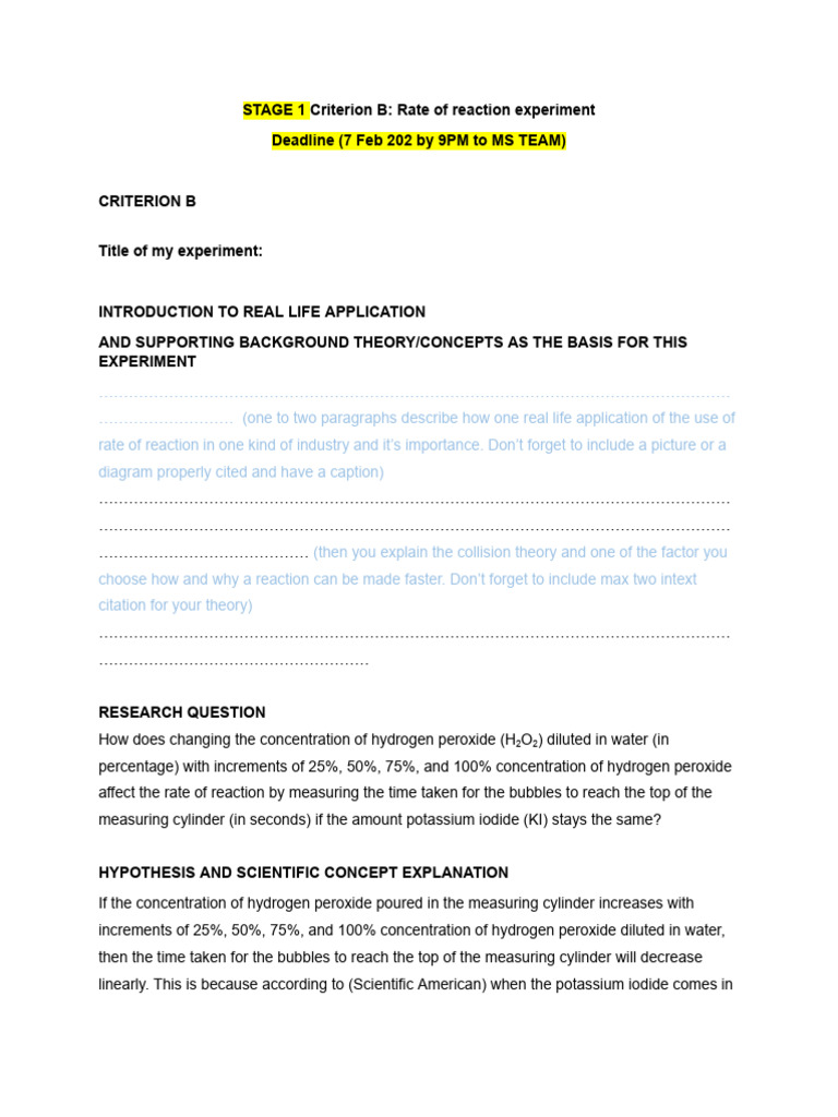 STAGE 1 Criterion B - Rate of Reaction Experiment | PDF